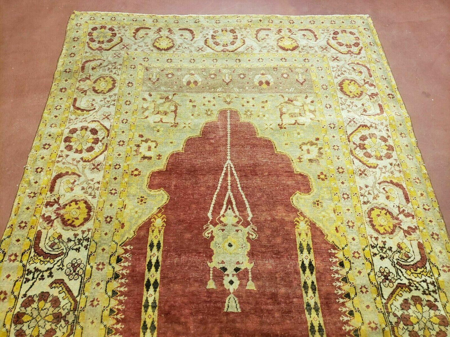 Antique Turkish Oushak Rug Open Field Medallion Prayer Wool 53 By 81
