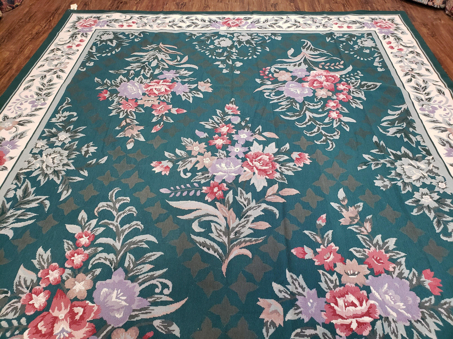 Chinese Needlepoint Rug 8x10 Vintage Green Handwoven Wool Carpet European Floral Living Room Rug