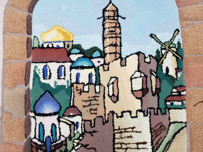 Small Judaica Rug, Rug with Jerusalem Pictorial, Chanuka Gift, Hand-Tufted, Jerusalem Gate, Vintage Judaica, Western Wall Rug, 3x4 Rug