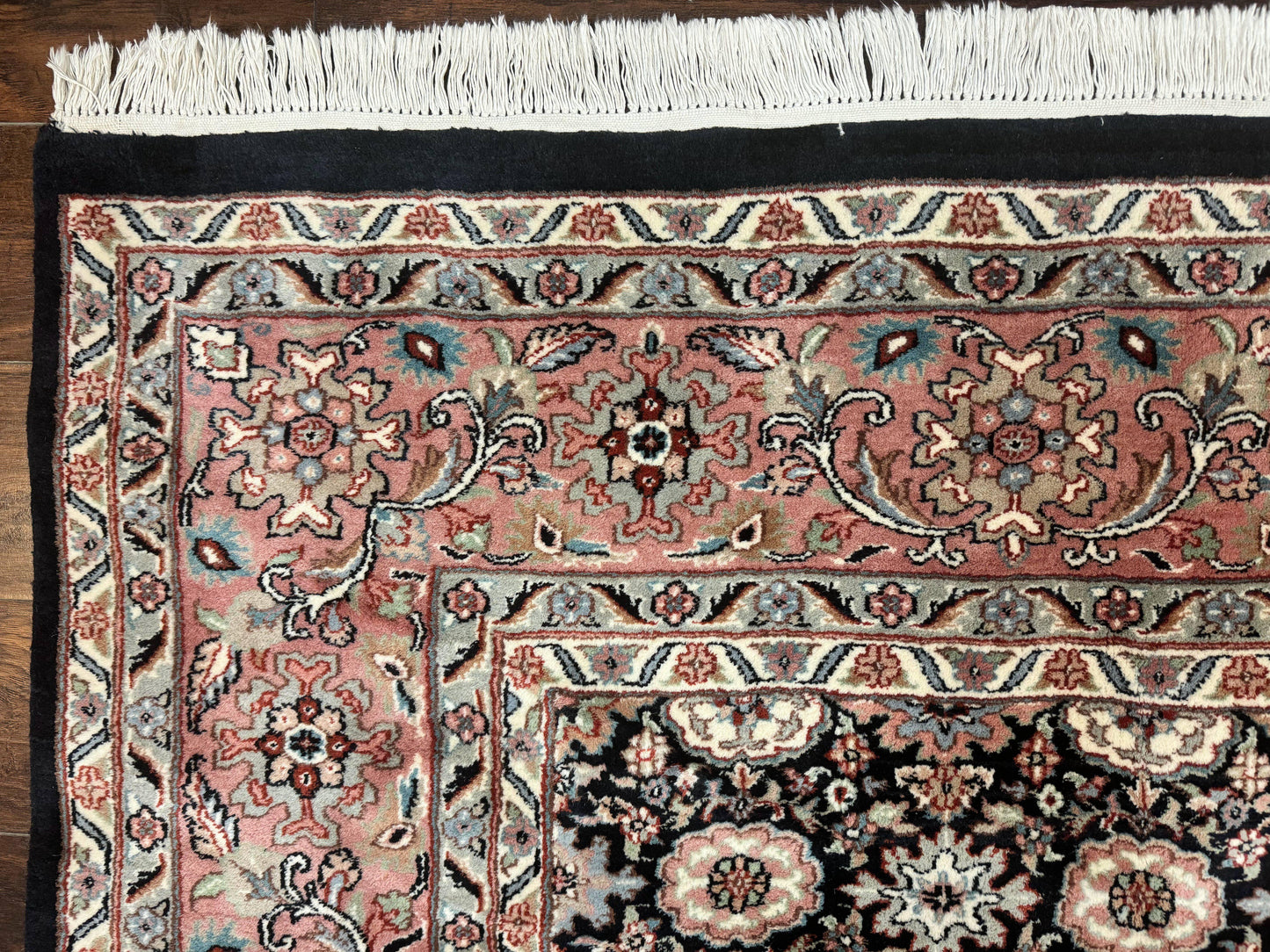 Indo Persian Rug 9x12, Vintage Handmade Wool Carpet, Repeated Allover Motif, Navy Blue and Pink