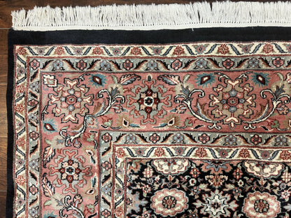 Indo Persian Rug 9x12, Vintage Handmade Wool Carpet, Repeated Allover Motif, Navy Blue and Pink