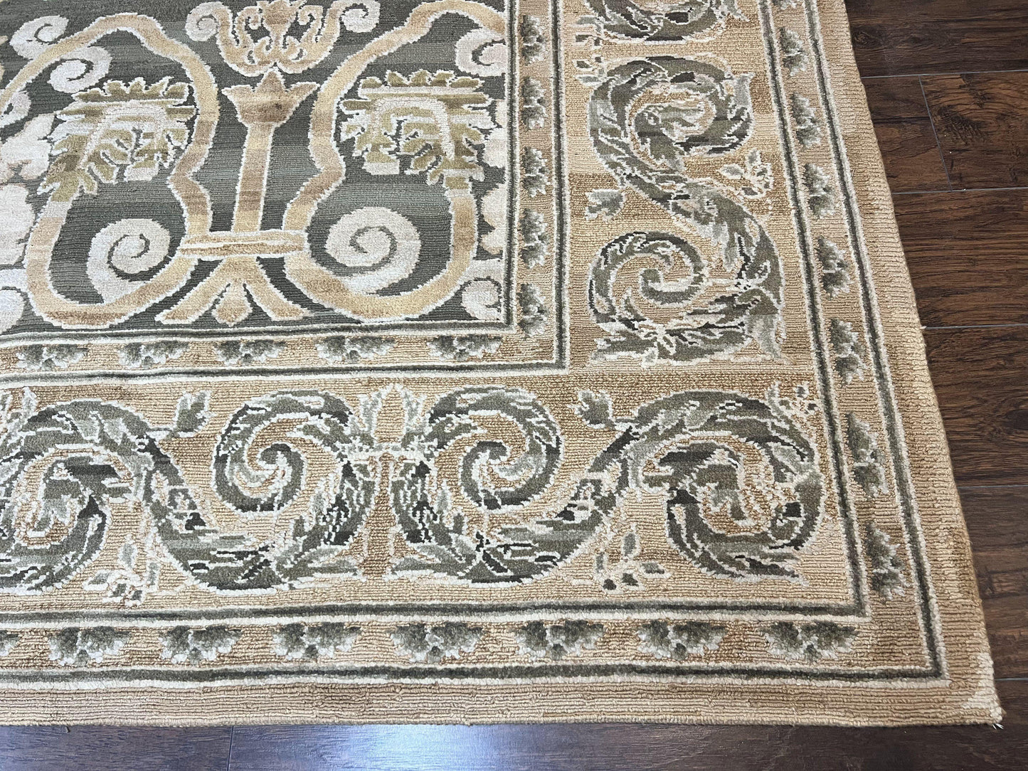 Spanish Wool Rug 11x14 Hand Knotted Vintage Floral Olive Green Beige European Design