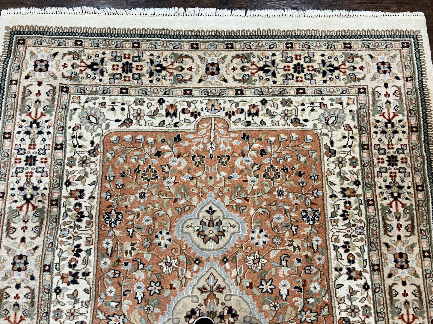 Indo Persian Rug 6x9, Wool Hand Knotted Vintage Carpet, Salmon & Ivory, Traditional Oriental Rug 6 x 9