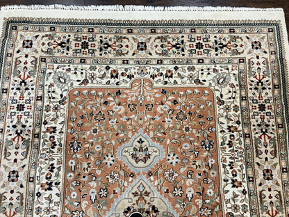 Indo Persian Rug 6x9, Wool Hand Knotted Vintage Carpet, Salmon & Ivory, Traditional Oriental Rug 6 x 9