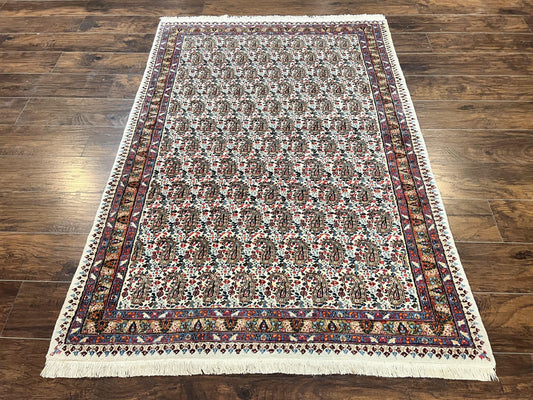 Persian Rug 4x6 Hand Knotted Ivory Mashad Kashmar Boteh Paisley Design