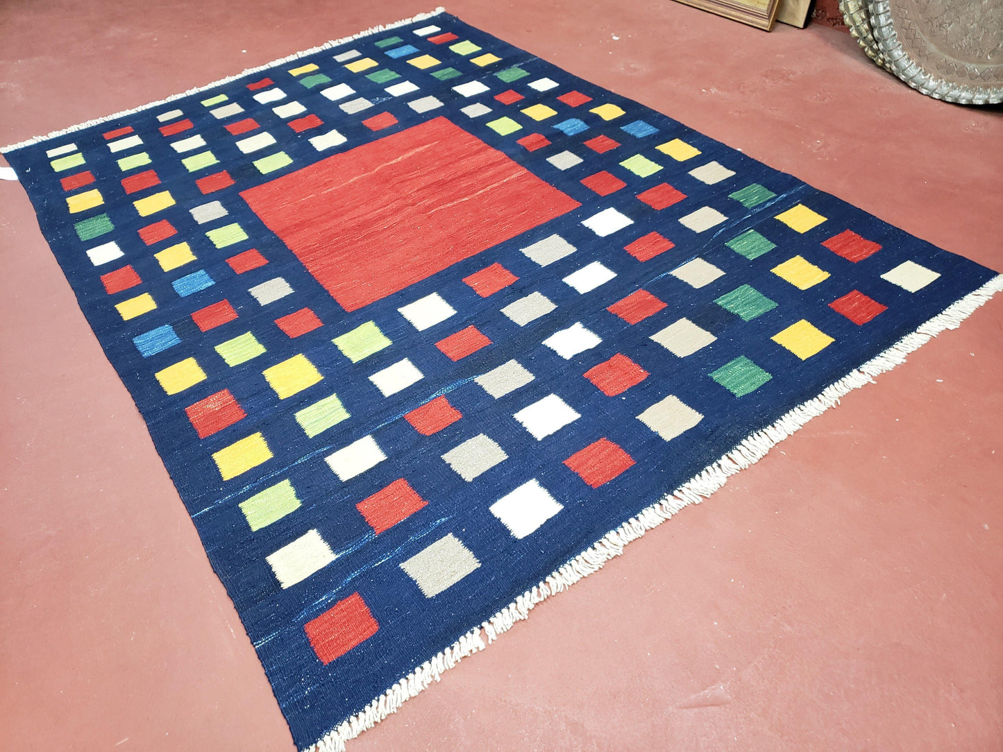 Turkish Kilim Rug Checkerboard Area Rug 5x7 6x8 Multicolor Playroom