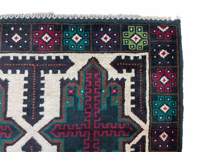 Vintage Handmade Baluchi Wool Rug Afghan Tribal Carpet Red Beige Green 3 By 4 Feet