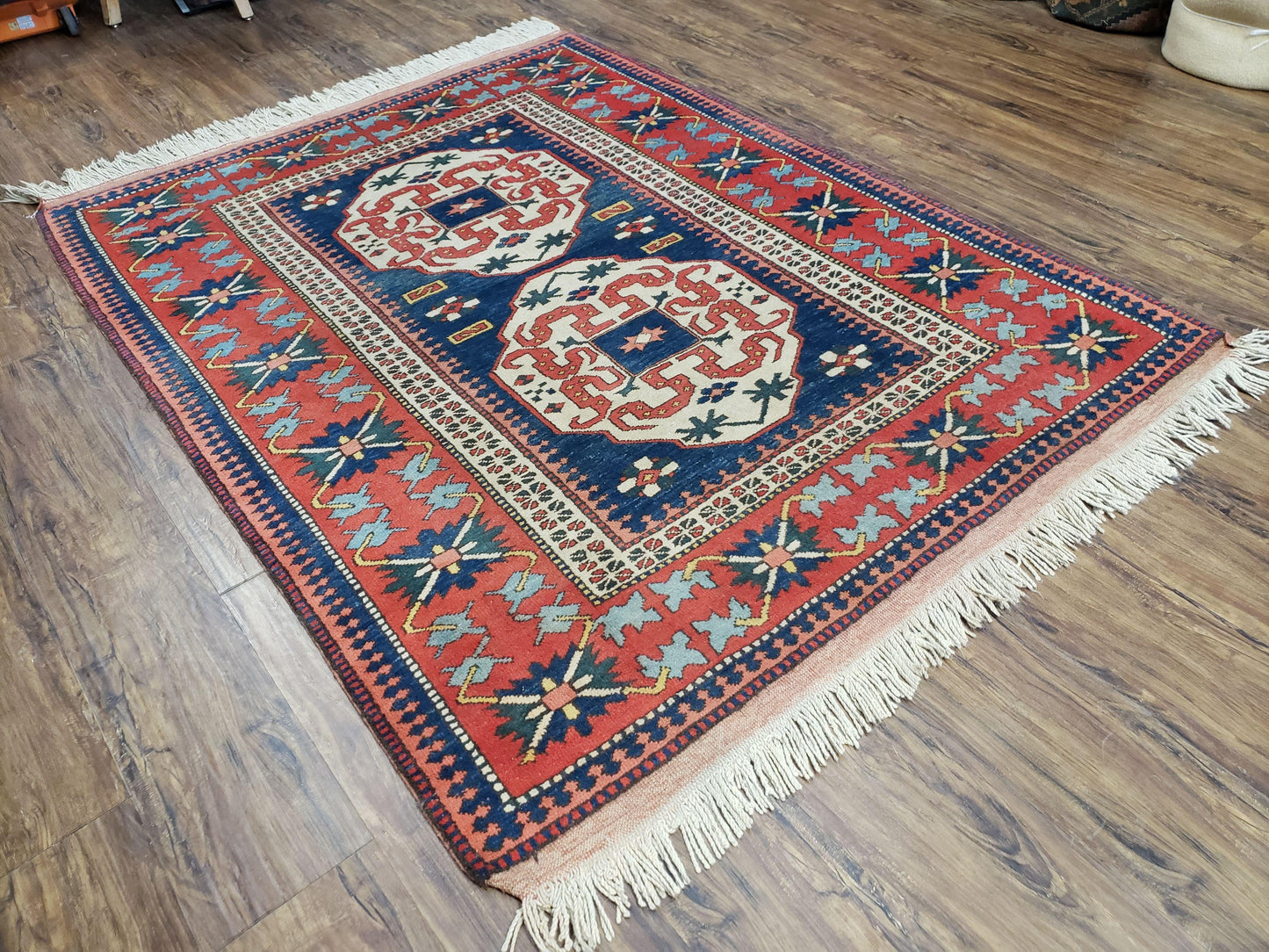Turkish Kazak Rug 5x6 Vintage Handmade Wool Carpet With Geometric Blue Red Design