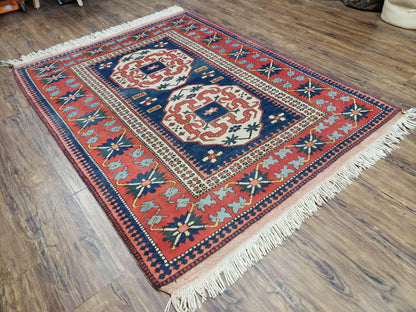 Turkish Kazak Rug 5x6 Vintage Handmade Wool Carpet With Geometric Blue Red Design
