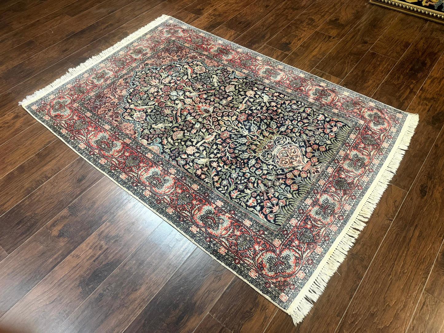 Kashmiri Silk Rug 4x6 Tree Of Life Birds Handmade Navy Red Oriental Carpet