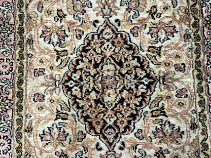 Silk Indian Kashmiri Runner Rug 2.7 x 9.8, Floral Medallions