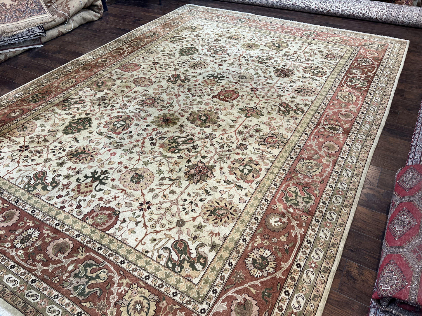Large Indian Rug 10x14, Hand Knotted Indo Persian Gandehar Oriental Carpet, Vintage Wool Rug 10 x 14 ft Cream Red Floral Allover Traditional
