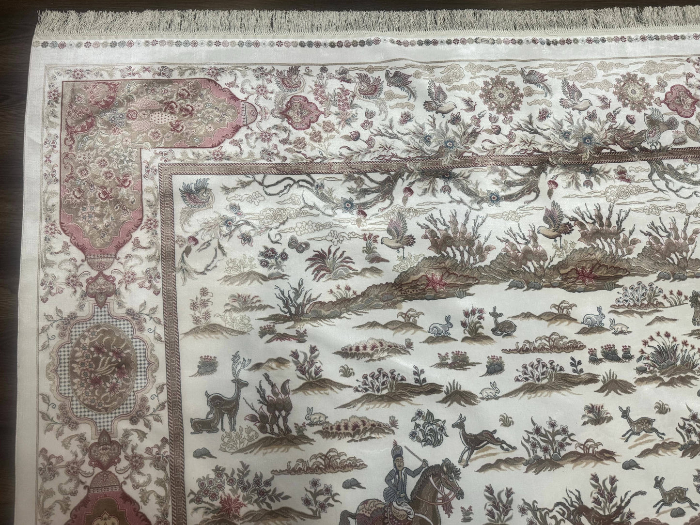 Turkish Silk Rug 8x10 Ivory Hunting Scene Bamboo Silk Contemporary