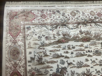 Turkish Silk Rug 8x10 Ivory Hunting Scene Bamboo Silk Contemporary