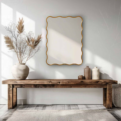 a wooden table with a Wavy Mirror and vase on top of it