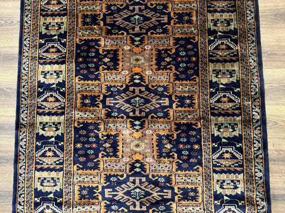 Vintage Afghan Rug 4x6, Navy Blue and Light Brown, Geometric Medallions, Wool on Wool, Tribal Rug