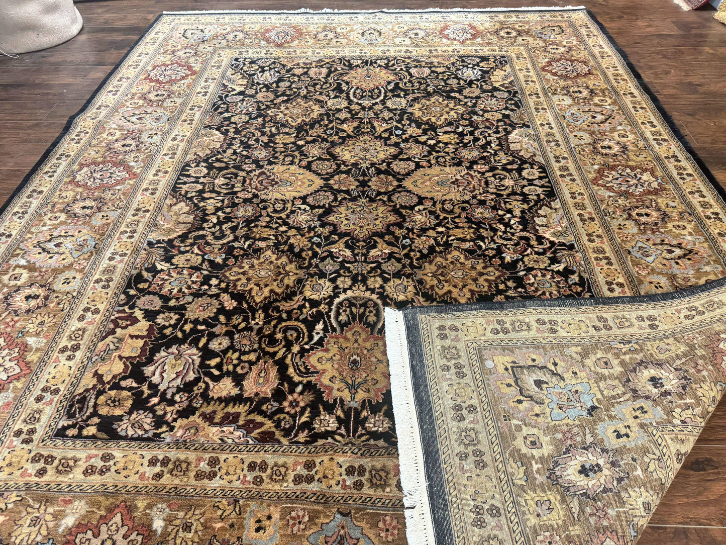 Indo Persian Rug 9x12, Floral Allover, Midnight Blue, Handmade Vintage Wool Oriental Carpet