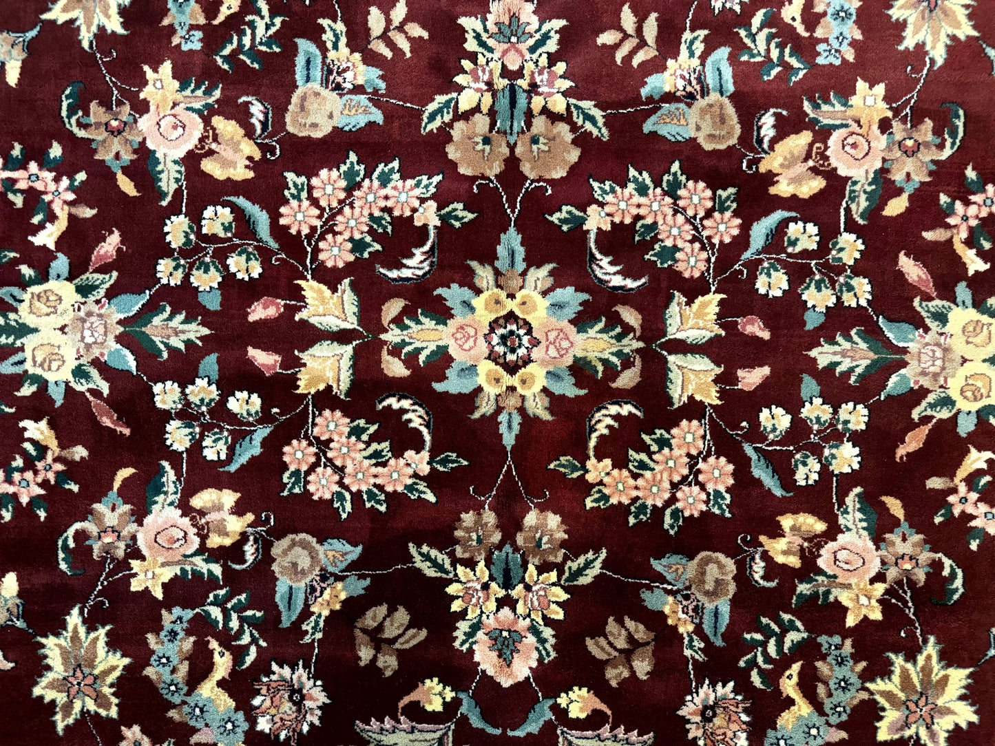 Indo Persian Rug 8x10 Handmade Wool With Floral Bird Pictorials In Maroon And Navy