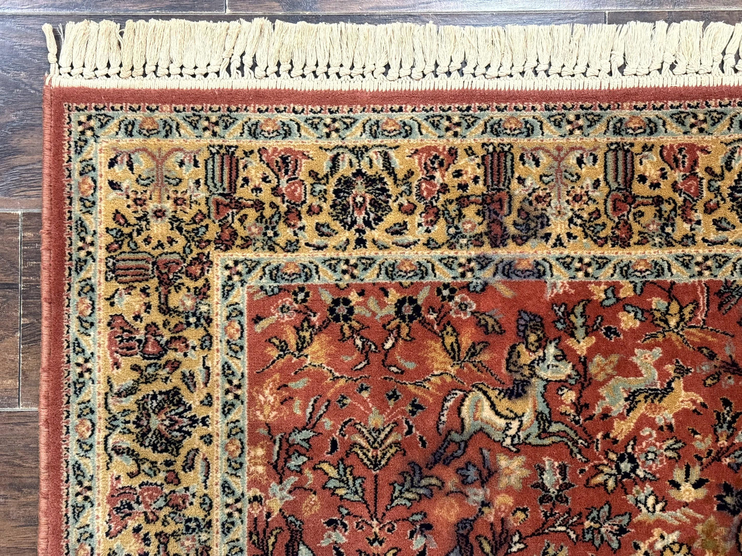 Persian Hunting Design Rug 4.7 x 6.5, Hunting Scene, Red-Orange, Wool, Belgian Power Loomed Carpet