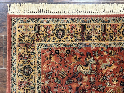 Persian Hunting Design Rug 4.7 x 6.5, Hunting Scene, Red-Orange, Wool, Belgian Power Loomed Carpet