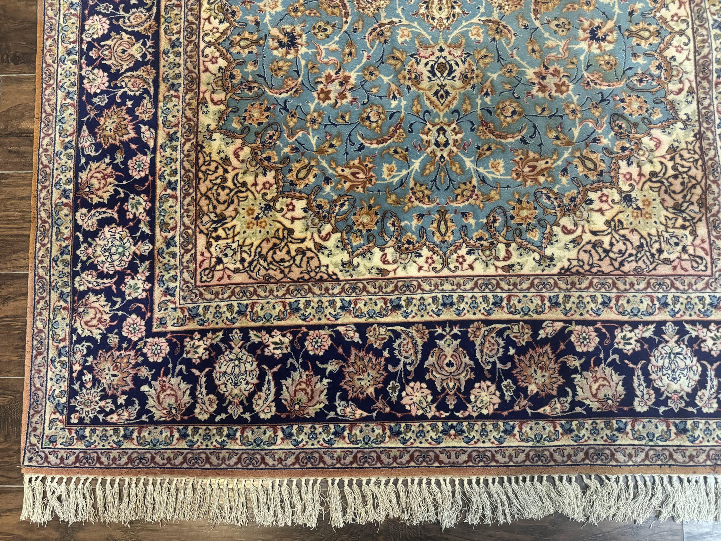 Light Blue Persian Isfahan Rug 5x8, Floral Medallion, Wool on Silk Foundation, Very Fine 530 KPSI, Handmade Carpet