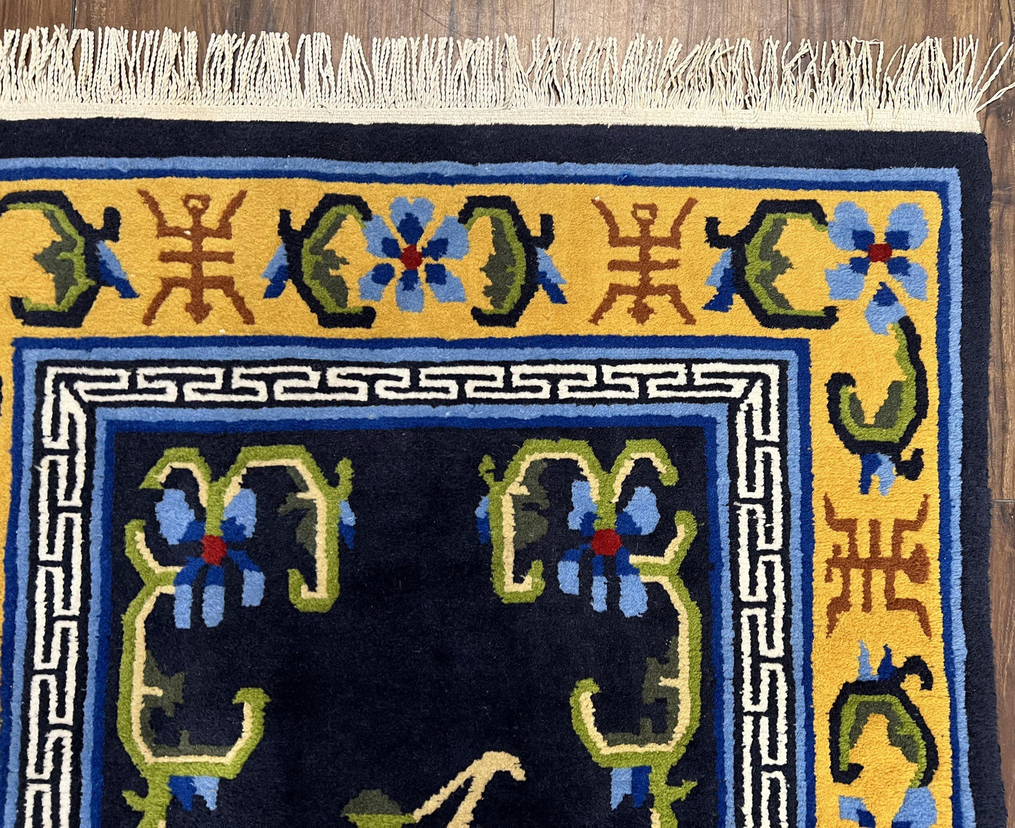 Chinese Art Deco Rug Hand Knotted Vintage Wool Carpet 3x6 Dark Blue Gold Medallion