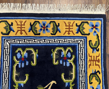 Chinese Art Deco Rug Hand Knotted Vintage Wool Carpet 3x6 Dark Blue Gold Medallion