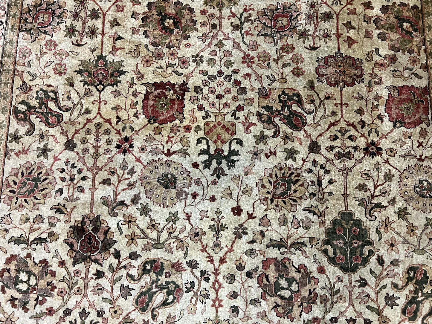 Large Indian Rug 10x14, Hand Knotted Indo Persian Gandehar Oriental Carpet, Vintage Wool Rug 10 x 14 ft Cream Red Floral Allover Traditional