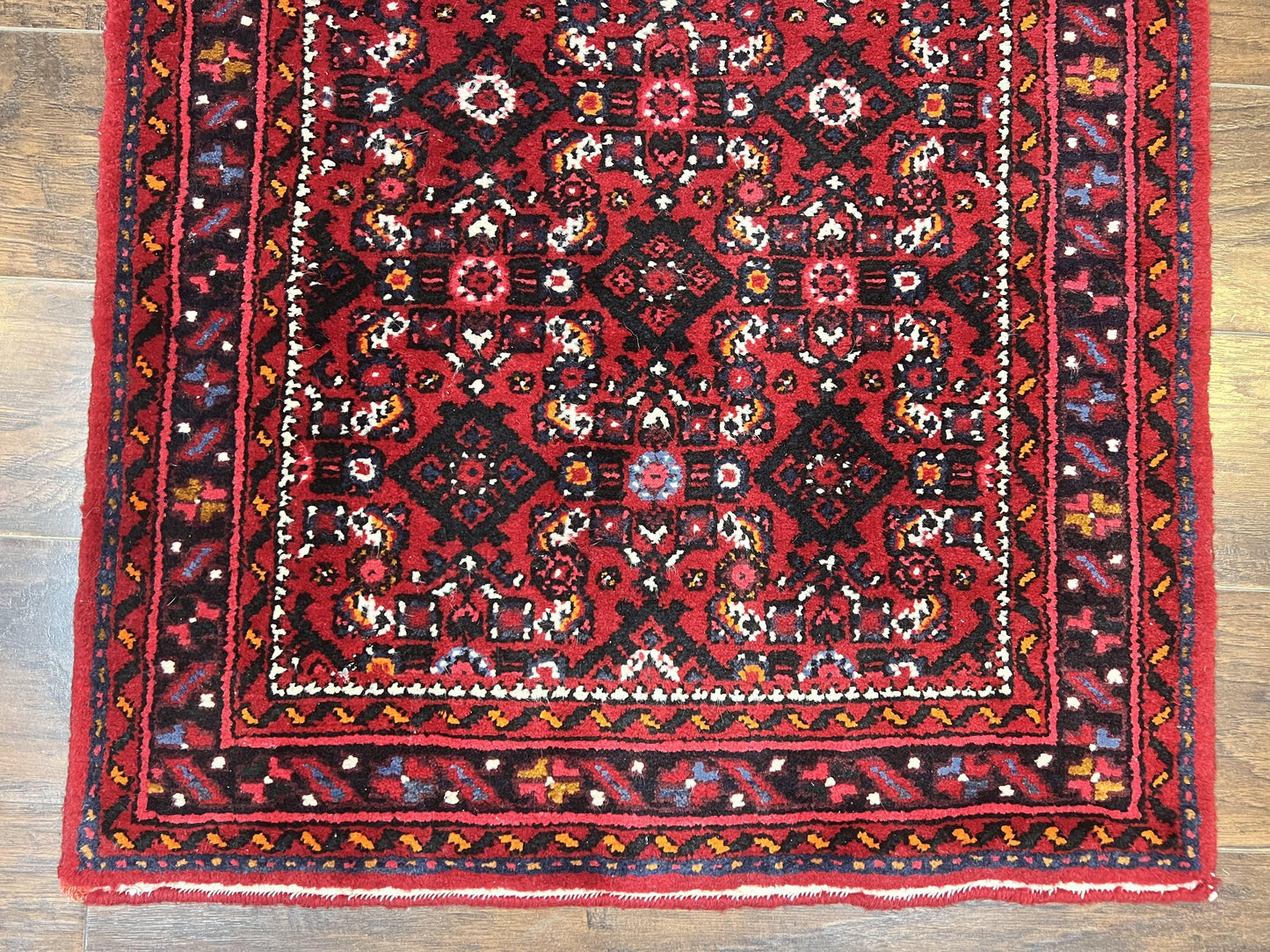 Persian Runner Rug 3 x 16, Wool Handmade Long Antique Hamadan Oriental Rug for Hallway, Red Tribal Rug, Allover Pattern, 3x16 Runner Rug
