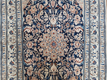 Semi Antique Persian Nain Rug Hand Knotted With Wool Silk Accents Ivory And Blue