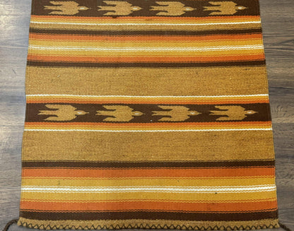 South American Rug Blanket 2.7 x 5.6, Wool, Handmade, Navajo Design, Orange Brown