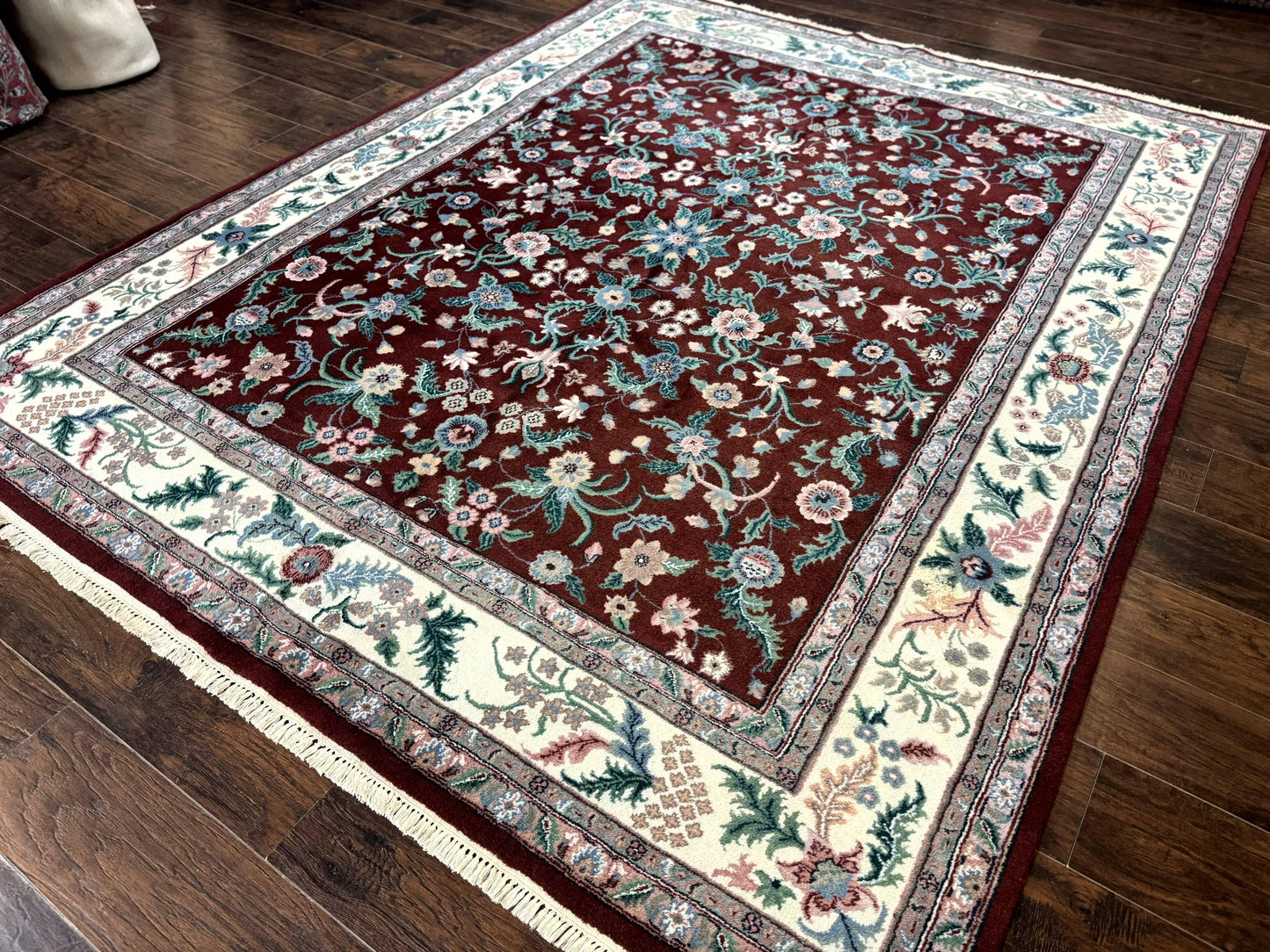 Indo Persian Rug 8x10, Red and Ivory, Floral Allover, Handmade Wool Area Rug