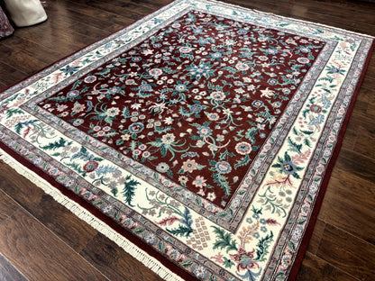 Indo Persian Rug 8x10, Red and Ivory, Floral Allover, Handmade Wool Area Rug