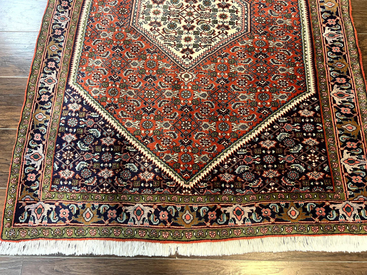 Persian Bidjar Rug 4x5, Finely Hand Knotted Vintage Carpet, Red and Navy Blue, Handmade Wool Rug, 180 KPSI