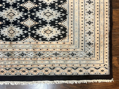 Pakistani Bokhara Rug 6x9, Hand Knotted Vintage Wool Carpet with Silk Highlights, Very Fine 320 KPSI, Medium Size