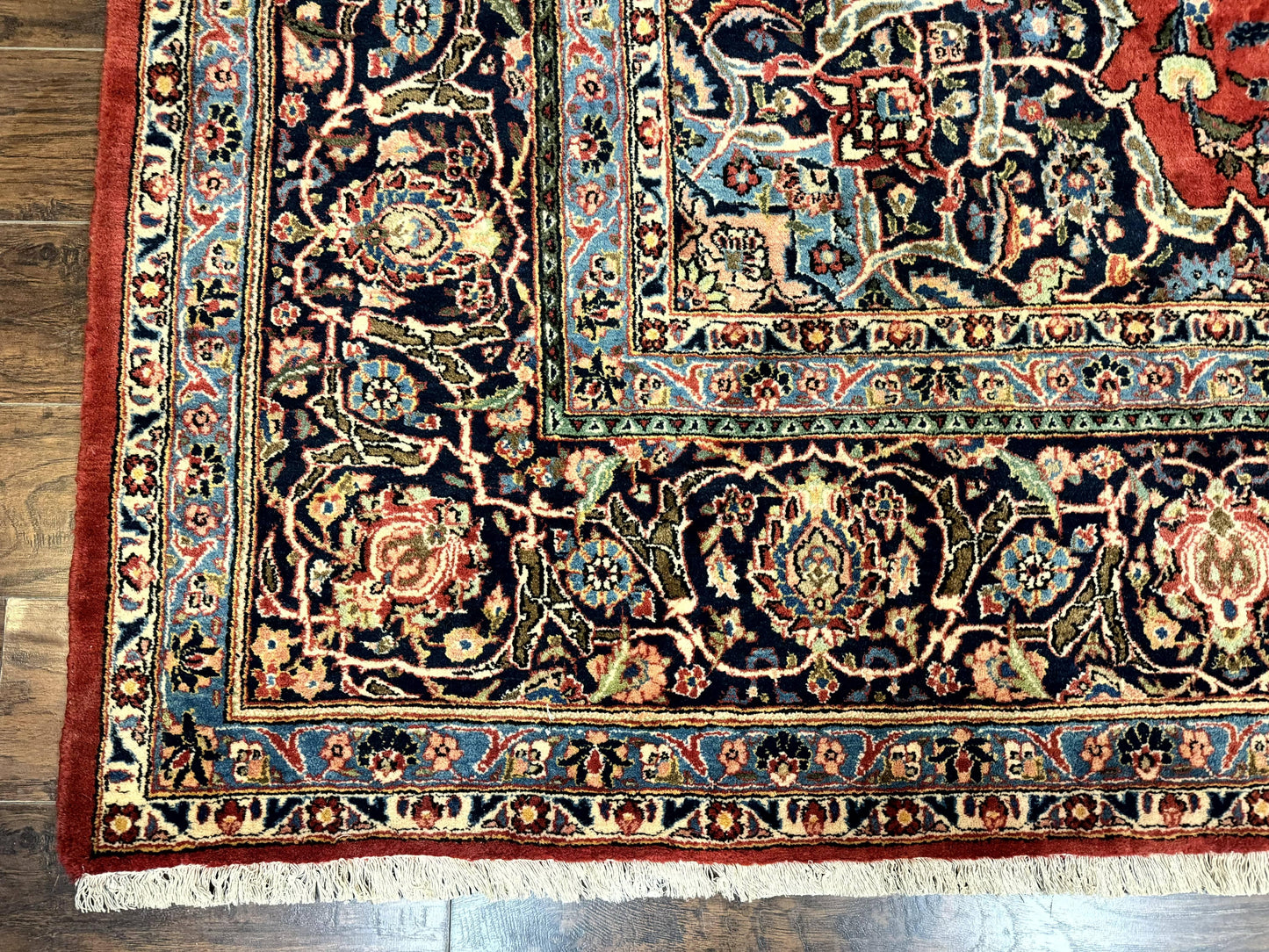 Red Persian Kashan Rug 10x14, Hand-Knotted Semi Antique Floral Medallion Handmade Wool Carpet, Red & Navy Blue