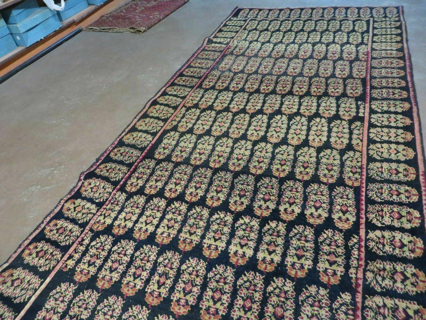 Antique Karabagh Caucasian Rug Handmade Wool Paisley Design 4x9 Vintage Carpet 1880s