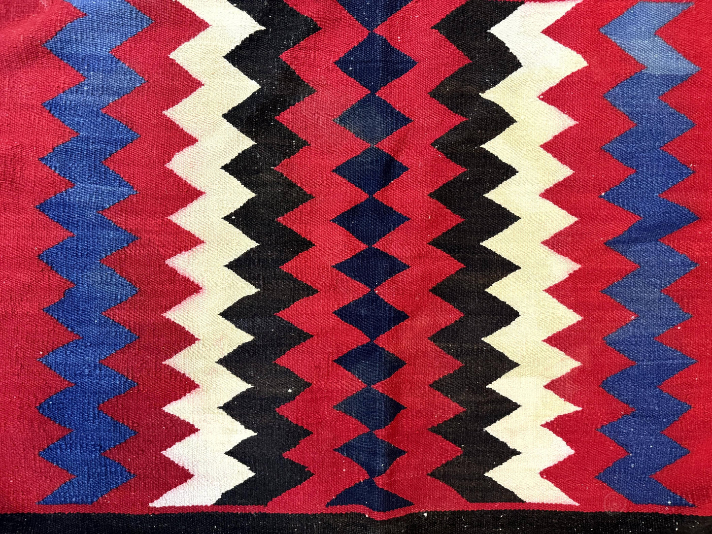 Antique Navajo Rug Handmade Wool Area Rug With Red Ivory Blue Zigzag Pattern