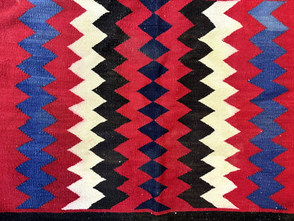 Antique Navajo Rug Handmade Wool Area Rug With Red Ivory Blue Zigzag Pattern