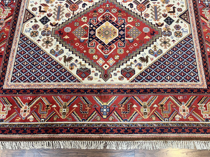 Belgium Power Loomed Wool Rug 8x12 Geometric Medallions Persian Tribal Pattern Ivory Red Blue