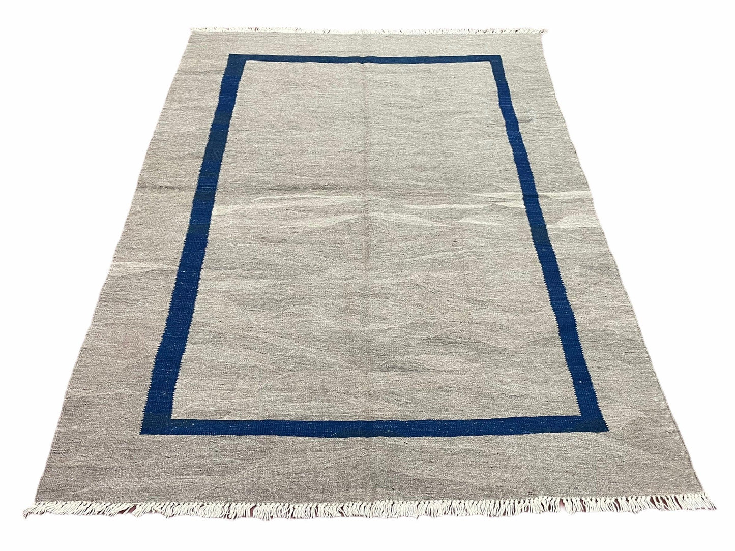 Turkish Kilim Rug Geometric Wool Handcrafted 5 Feet 7 Inches By 7 Feet 9 Inches Gray Blue