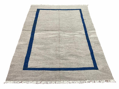Turkish Kilim Rug Geometric Wool Handcrafted 5 Feet 7 Inches By 7 Feet 9 Inches Gray Blue