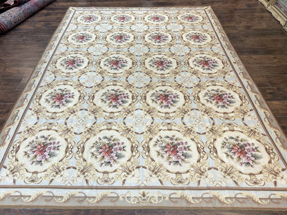 Needlepoint Wool Rug 8x11 Vintage Sky Blue Handmade Carpet