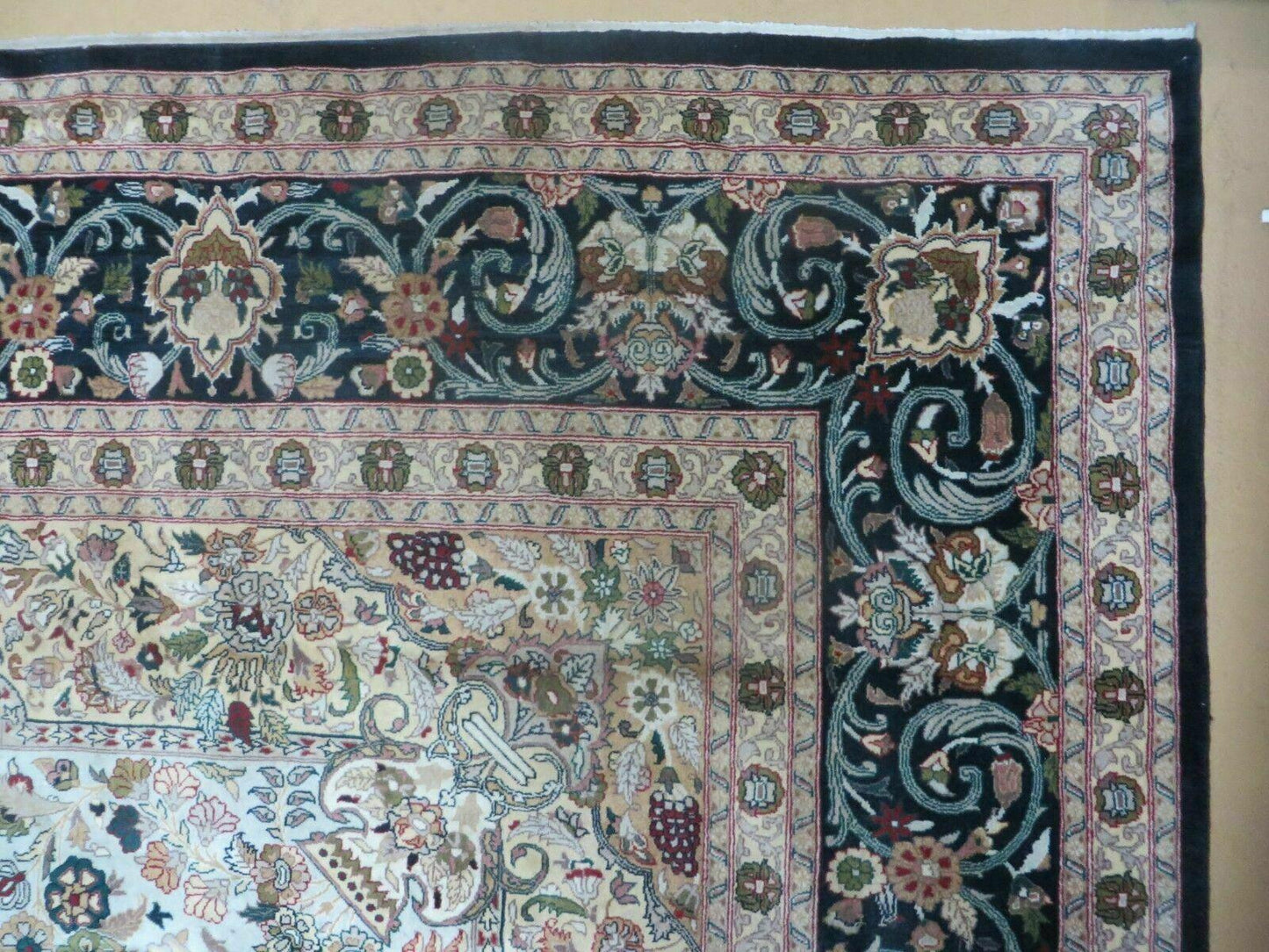 Beautiful Sino Persian Rug 9x12, Elegant High Quality Handmade Wool Oriental Carpet, Medallion with Corner Design, Floral, Black and Ivory