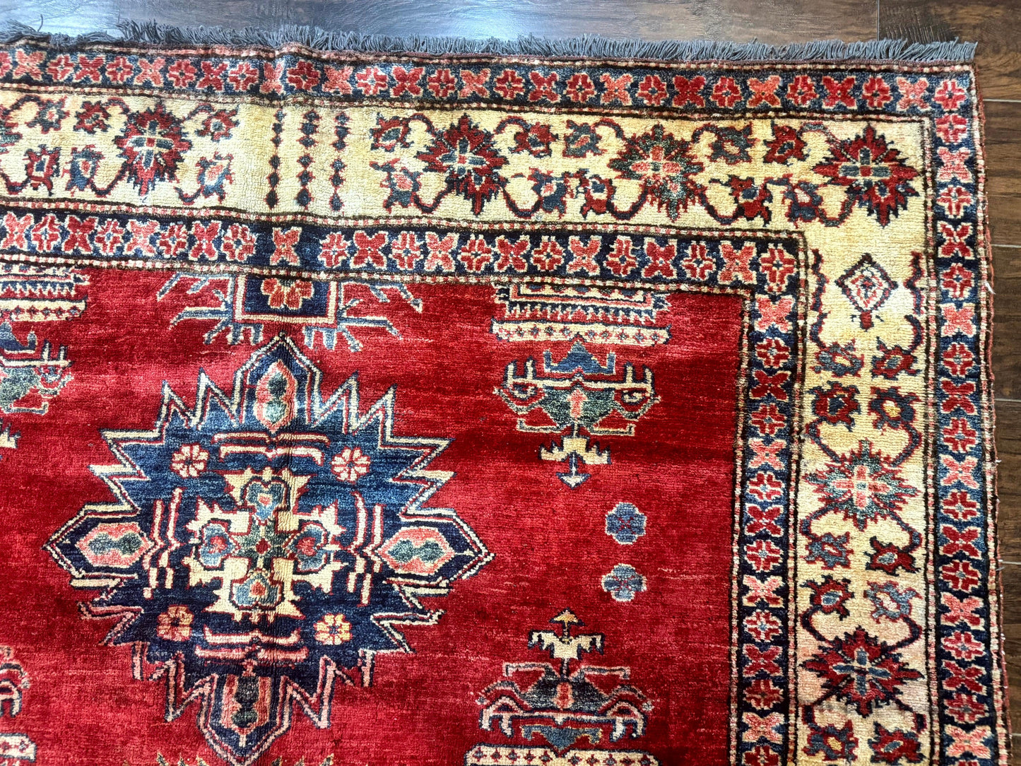 Square Turkish Rug 6x6, Azerbaijani Azeri Turkish Armenian Rug, Red Tan Blue, Geometric, Wool Carpet