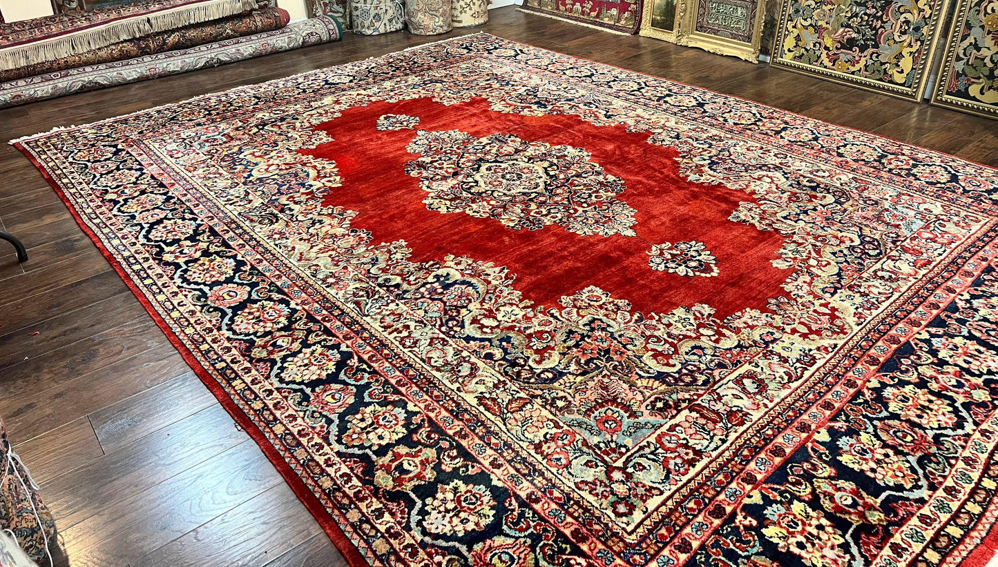 Persian Sarouk Rug 11x14, Semi Open Field, Large Antique Persian Wool Handmade Carpet, Red and Dark Blue, Floral
