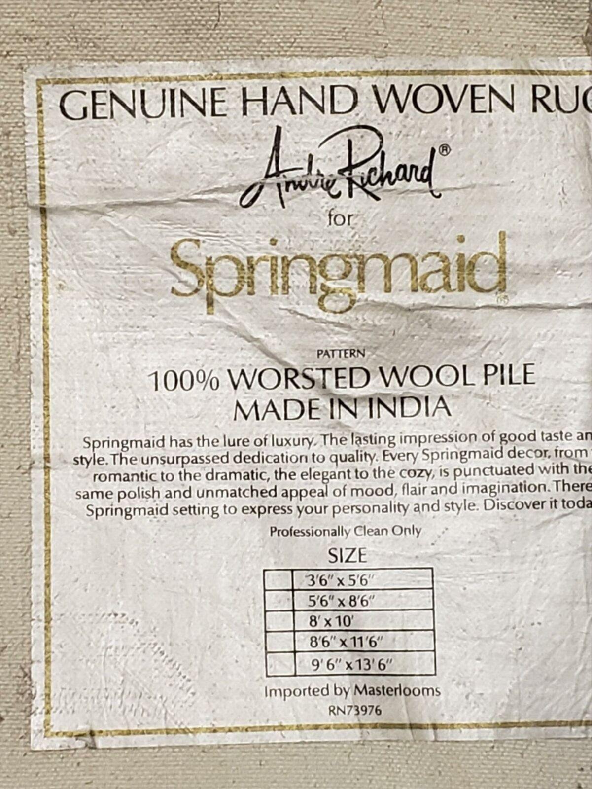 Hand Stitched Indian Wool Rug 3 Ft 6 In By 5 Ft 6 In Green Beige Backing Vintage 1980s