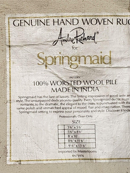 Hand Stitched Indian Wool Rug 3 Ft 6 In By 5 Ft 6 In Green Beige Backing Vintage 1980s