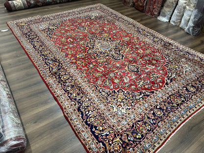 Persian Kashan Rug 9x12 Handmade Wool Oriental Carpet With Floral Medallion And Corner Design