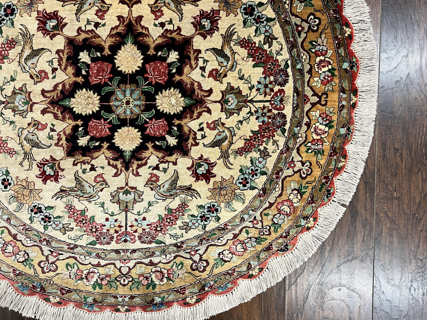Silk Persian Tabriz Round Rug 3x3 Ft Hand Knotted Carpet Cream Gold Floral Birds